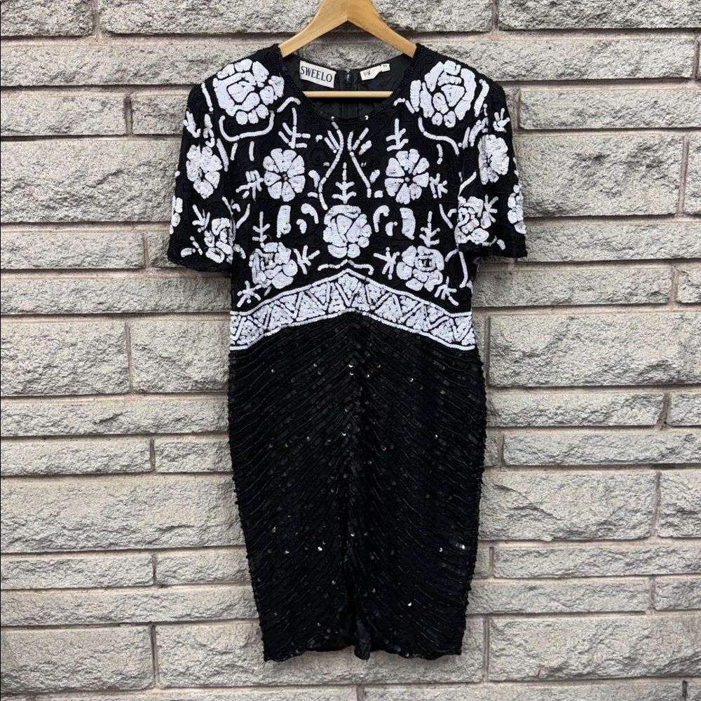 Vintage Swee Lo Women's Art Deco Evening Dress Sz 12 14 Small Black White Sequin